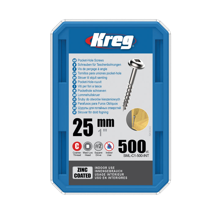 Kreg Pocket Screws - 25mm / 1" #8 Coarse Washer-Head 500c